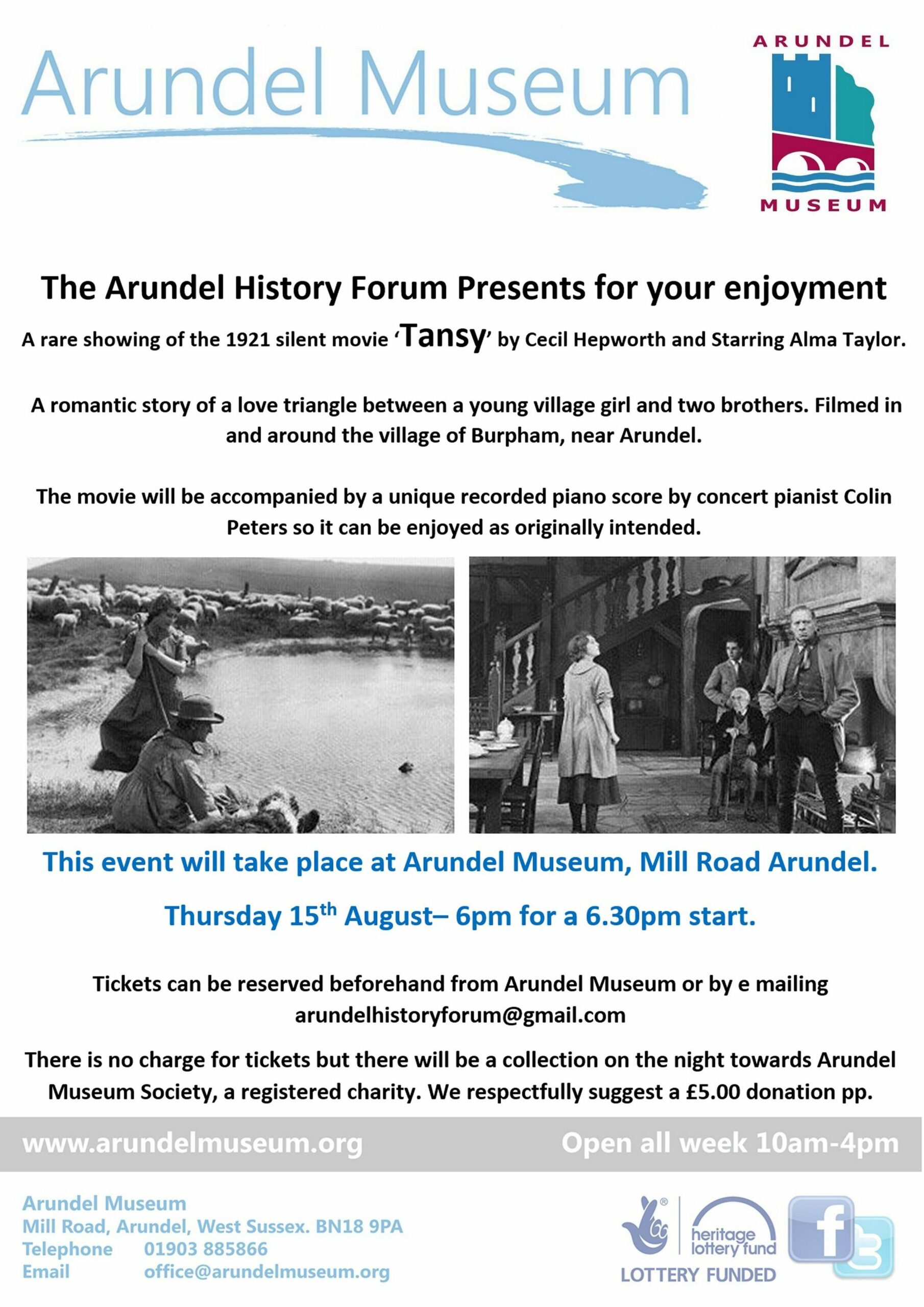 A poster showing the information for the silent film Tansy, which will be shown at Arundel Museum in August 2024